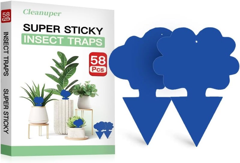 Cleanuper 58 Pack Flying Insect Traps for Plants – Blue Sticky Traps for Fungus Gnats, Flies & Flying Bugs, Indoor Outdoor Flying Bug Catcher for Pots, Garden & Kitchen, Non-Toxic, Odorless, Kid & Pet Safe - Image 1